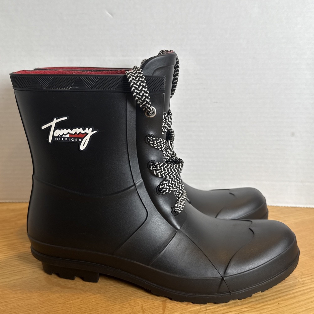 Tommy Hilfiger Mens Black Solid‎ Tamar Lace Up Rain Boots Rubber Boot Size 9M